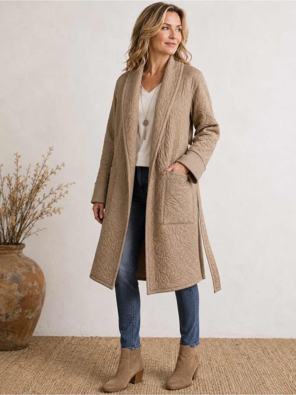Quilted Long Trench Coat in Tan